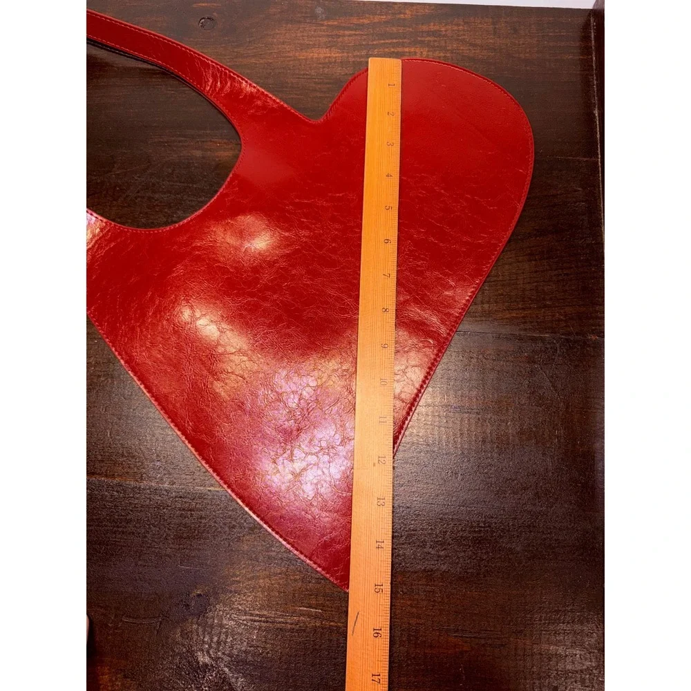 Red Heart Shaped Shoulder Bag Crinkled Faux Leather Asymmetrical Tote Y2K Style